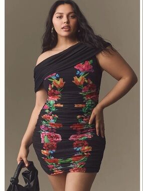 AFRM Black Mesh Floral Ruched Mini Dress